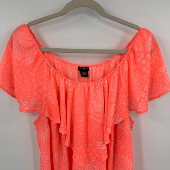 Torrid Blouse Top Womens 1 Neon Pink Doodle Print Georgette Ruffle Off Shoulder - Picture 3 of 8